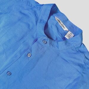 Linea‎ Uomo Linen Blend Shirt Band Collar Short Sleeve Blue 4X